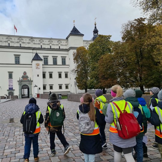 Vaikai žiūri į Valdovų rūmus iš Katedros aikštės pusės.