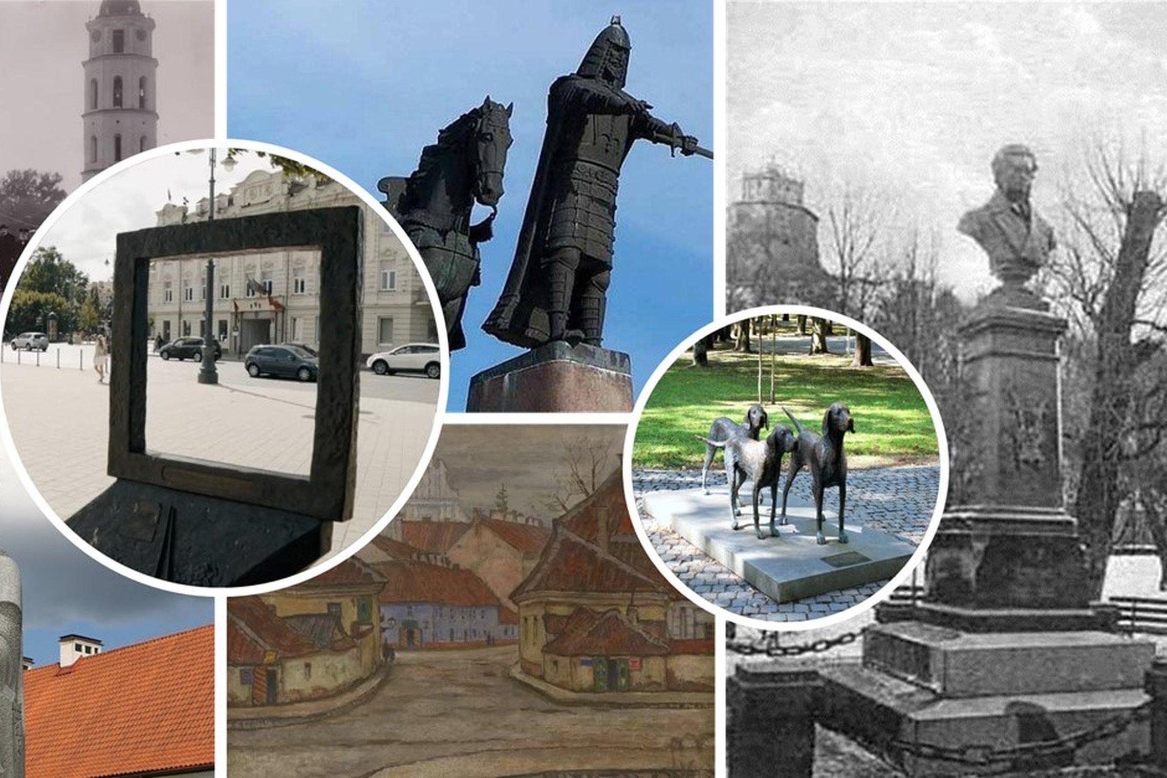 Vaizduojamas Vilniaus pilių rezervate esančių objektų nuotraukų koliažas.