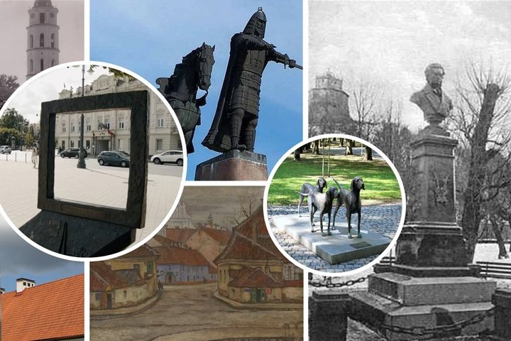 Vaizduojamas Vilniaus pilių rezervate esančių objektų nuotraukų koliažas.