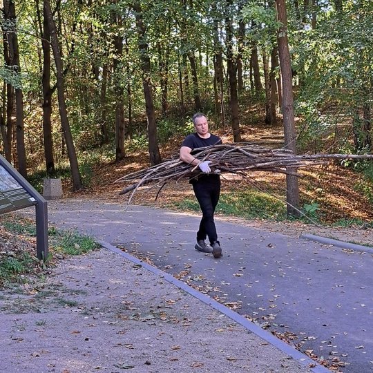 Kalnų parke, matosi vyras nešantis šakas. Aplinkui siūbuoja medžiai, kairiajame krašte matosi informacinis stendas.