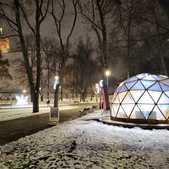 Tamsus vakaras, parke šviečia lempos. Gedimino kalno papėdėje stovi Vilniaus pilių kupolas. Prie įėjimo, ant takelio stovi paskaitos afiša “Vilniui 700”.