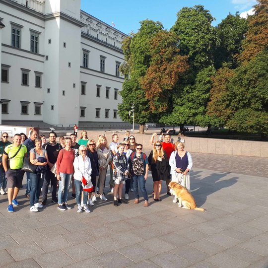 Gausus būrys ekskursantų ir šuo Katedros aikštėje, prie Valdovų rūmų.