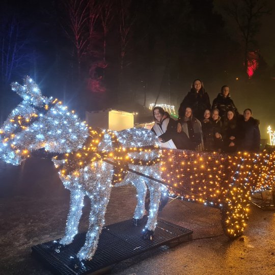 Mokiniai šivesų instaliacijoje - asiliuko tempiamame vežime.