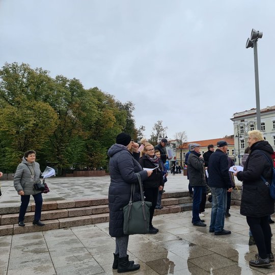 Senjorų grupelė susirinkusi katedros aikštėje, netoli Gedimino paminklo, bet jo nuotraukoje nematome. Fone matosi PIlies gatvės pradžia, pilkas dangus ir didelis skulptūrinis akmuo dešinėje. Ant žemės taip pat matosi balos.