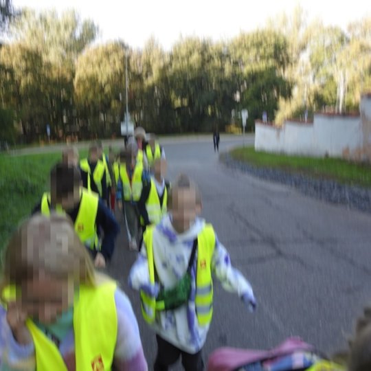 Mokinukai, išsirikiavę po du vorele, keliauja į Kalnų parką.