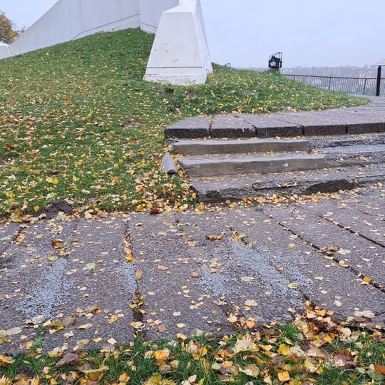 Nuotraukoje matosi Trijų kryžių kalno aikštelės laiptai. Jie nutrupėję, o jų ertmės užpiltos skalda. Ant nedidelio, žole apaugusio kalniuko, stovi Trys Kryžiai. Už žalių turėklų matosi Vilniaus senamiestis.
