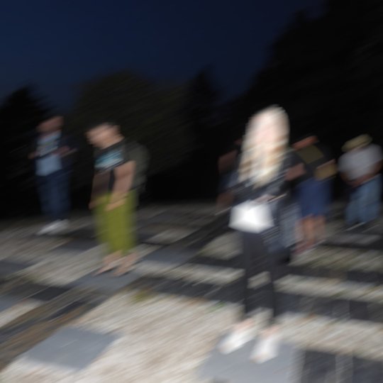 Nuotrauka yra išblukusi, joje matome žmones, stovinčius ant plytelių nakties tamsoje. Žmonės laikosi atstumo vienas nuo kito.