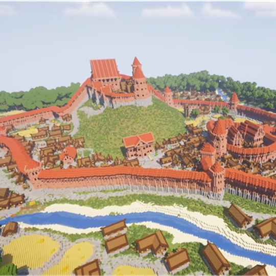 Vilniaus pilys iš paukščio skrydžio Vytauto valdymo laikotarpyje Minecraft žaidime.