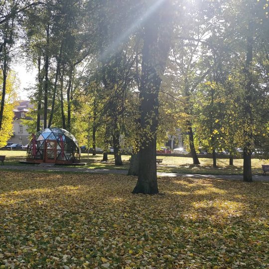 Vilniaus pilių kupolas iš tolo. Aplink rudeninė aplinka.