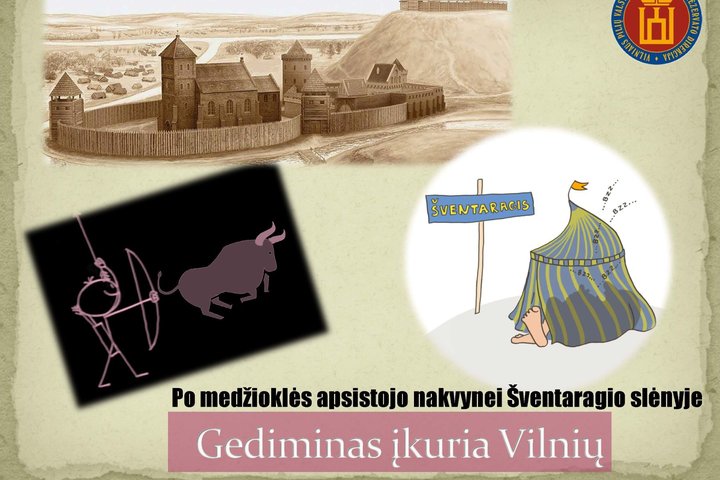 Plakatas su iliustruota Kreivąja pilimi, Gediminu, Tauro medžiokle ir Vilniaus pilių logotipu.