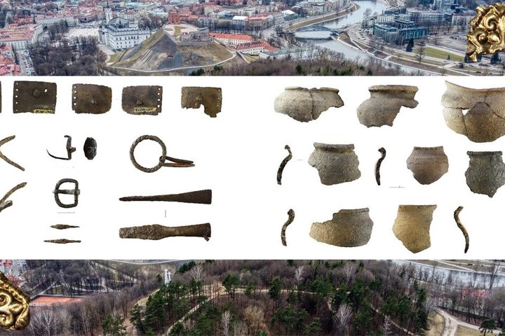 Nuotraukoje Vilniaus senamiesčio panoramoje matomos archeologinių radinių nuotraukos.