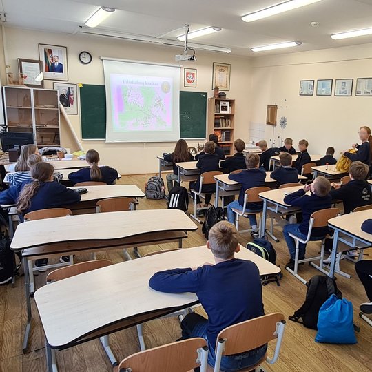 Nuotraukoje yra pavaizduota penktokų klasė, visi mokiniai ramiai susėdę savo vietose, išskyrus dvi mergaites, kurios atsistojusios iš kuprinių išsiima daiktus, tikriausiai ruošiasi pamokai. Klasei yra rodomos skaidrės apie piliakalnių kraštą.