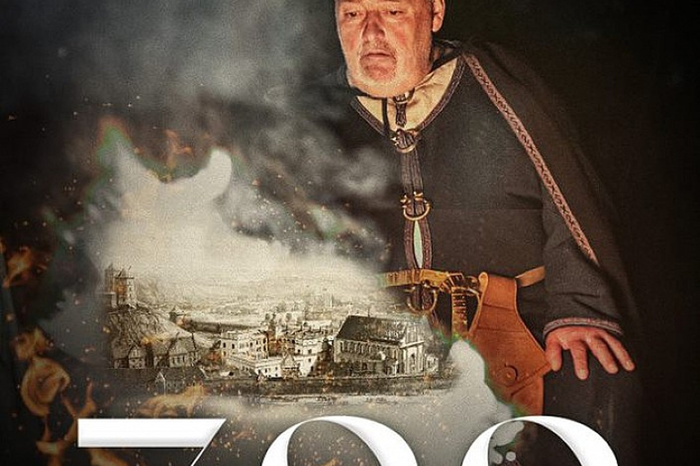 Profesoriaus Alfredo Bumblausko filmo „700 VILNIAUS METŲ. Kelionė laiku su prof. Alfredu Bumblausku“  plakatas.