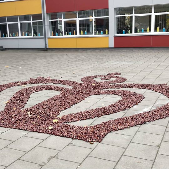 Lauke ant žemės, priešais mokyklos langus iš kaštonų suformuota didžiojo kunigaikščio karūna.