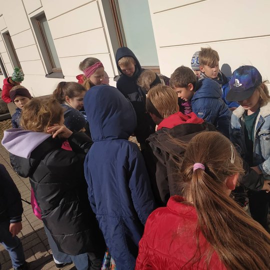 Trečiokai tyrinėje mitologinį akmenį Nacionalinio muziejaus kiemelyje.