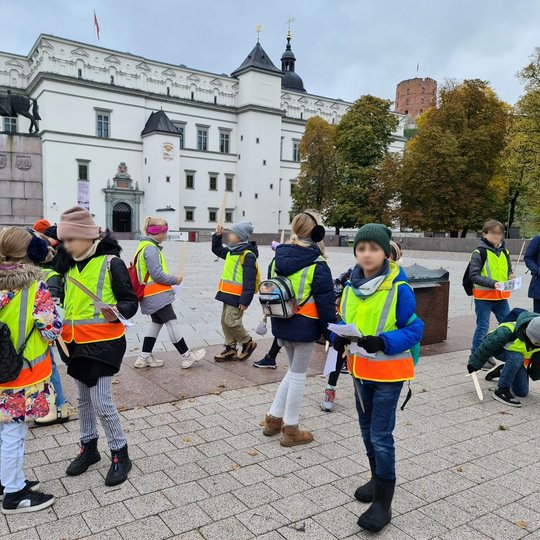 Nuotraukoje vaizduojami mokiniai, kurie yra ekskursijoje. Visi mokiniai dėvi ryškiai geltonas liemenes ir kiekvienas iš jų turi po mažą, medinį kalaviją. Fone matosi Valdovų rūmai ir Gedimino pilis.