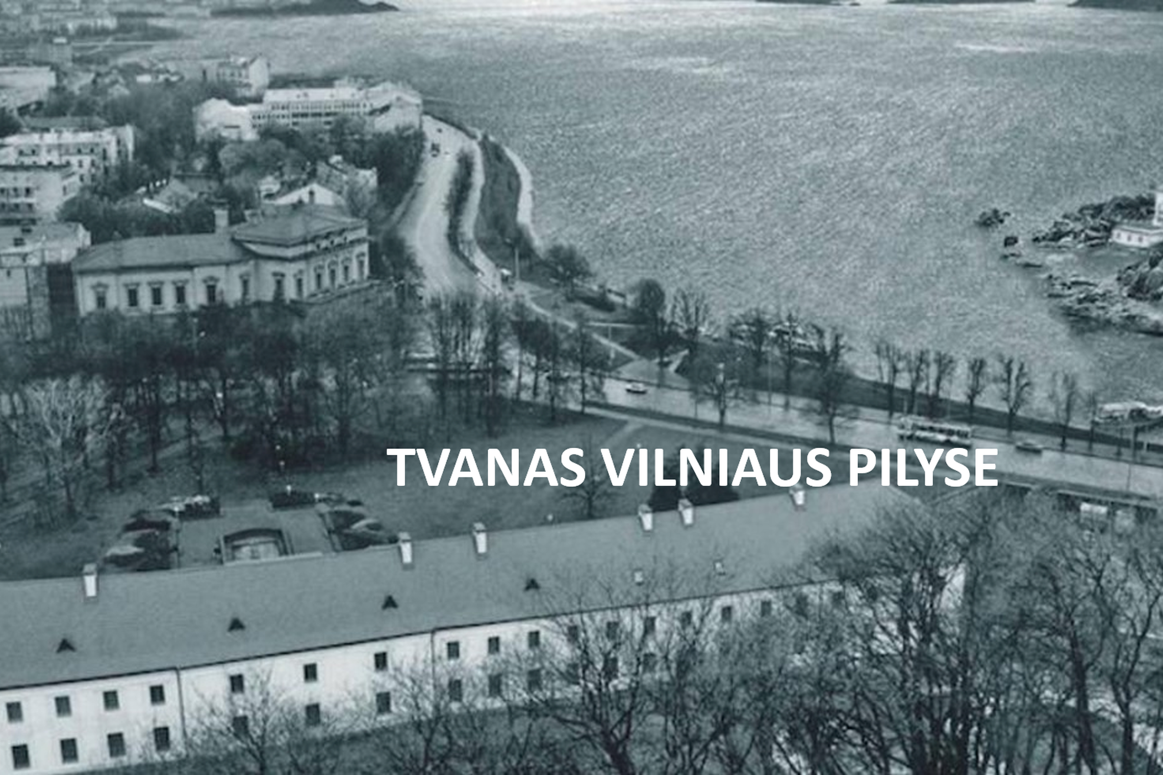 Pilkoje nuotraukoje su užrašu "tvanas Vilniaus pilyse" vaizduojama Vilniaus, kaip vandenyno pakrantės vaizdas.