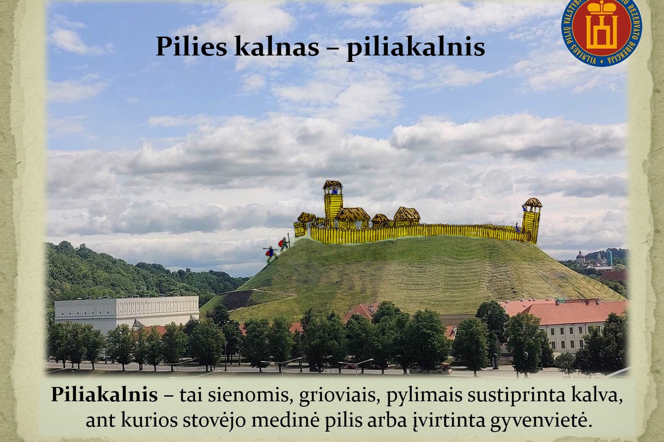 Gedimino pilies kalno nuotrauka, ant kurio nupiešti mediniai įtvirtinimai. Po nuotrauka užrašytas piliakalnio apibūdinimas.