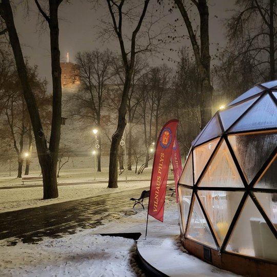 Tamsų žiemos vakarą matomas stiklinis kupolas Vilniaus centro parkelyje. Už jo matosi ant kalno stovintis Gedimino bokštas.