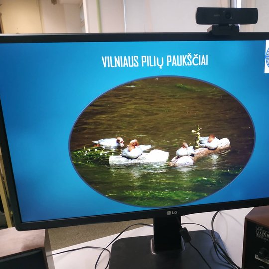 Kompiuterio ekranas su edukacijos pavadinimu ir ančių nuotrauka.