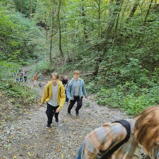 Vasariškų orų metu mokiniai išsiruošė į ilgą kelionę - žygį. Nuotrauka padaryta, kai grupelė keliautojų kopia į vinguriuojančią aukštą kalvelę, o aplink juos ošia miško horizontas.