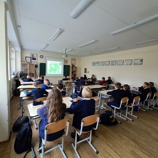 Klasei yra rodomos skaidrės apie piliakalnių kraštą. Visi mokiniai yra susėdę savo vietose. Didžioji mokinių dalis susikaupę žiuri rodomas skaidres, tačiau visi likusieji šnekučiuojasi su draugais.
