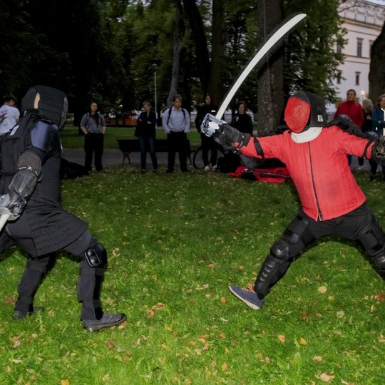 Prie kupolo po paskaitos buvo demonstruojamos kovos su kardais.