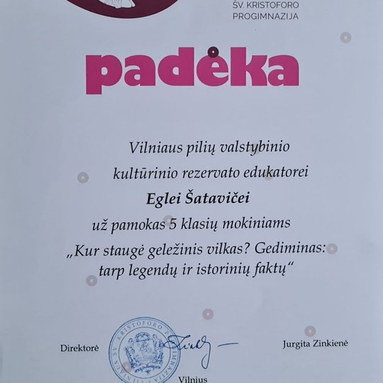 Padėkos raštas ,įteiktas Direkcijos edukatorei už mokykloje pravestas pamokas.