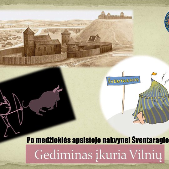 Plakatas su iliustruota Kreivąja pilimi, Gediminu, Tauro medžiokle ir Vilniaus pilių logotipu.