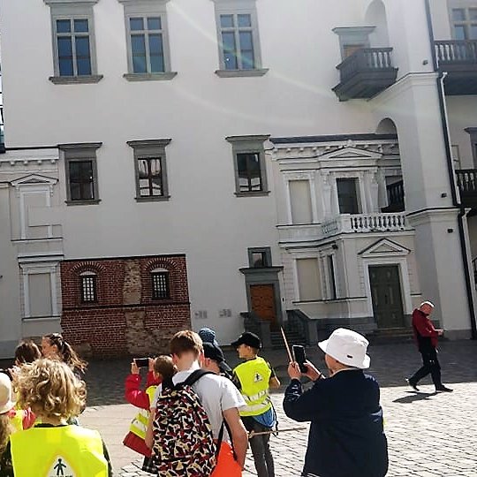 Mokiniai Valdovų rūmų kieme. Kairėje viršuje matosi Gedimino polis.