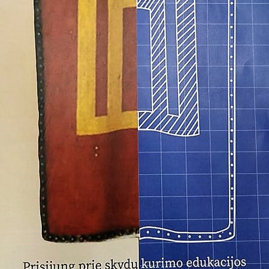Afiša skydų kūrimo edukacijai. Lietuviškas skydas su Gediminaičių stulpais. Karėje tradicinės spalvos, dešinėje mėlyna ir balta