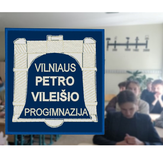 Moksleivei klasėje. Vaizdo priekyje Vilniaus Petro Vileišio progimnazijos logotipas. 