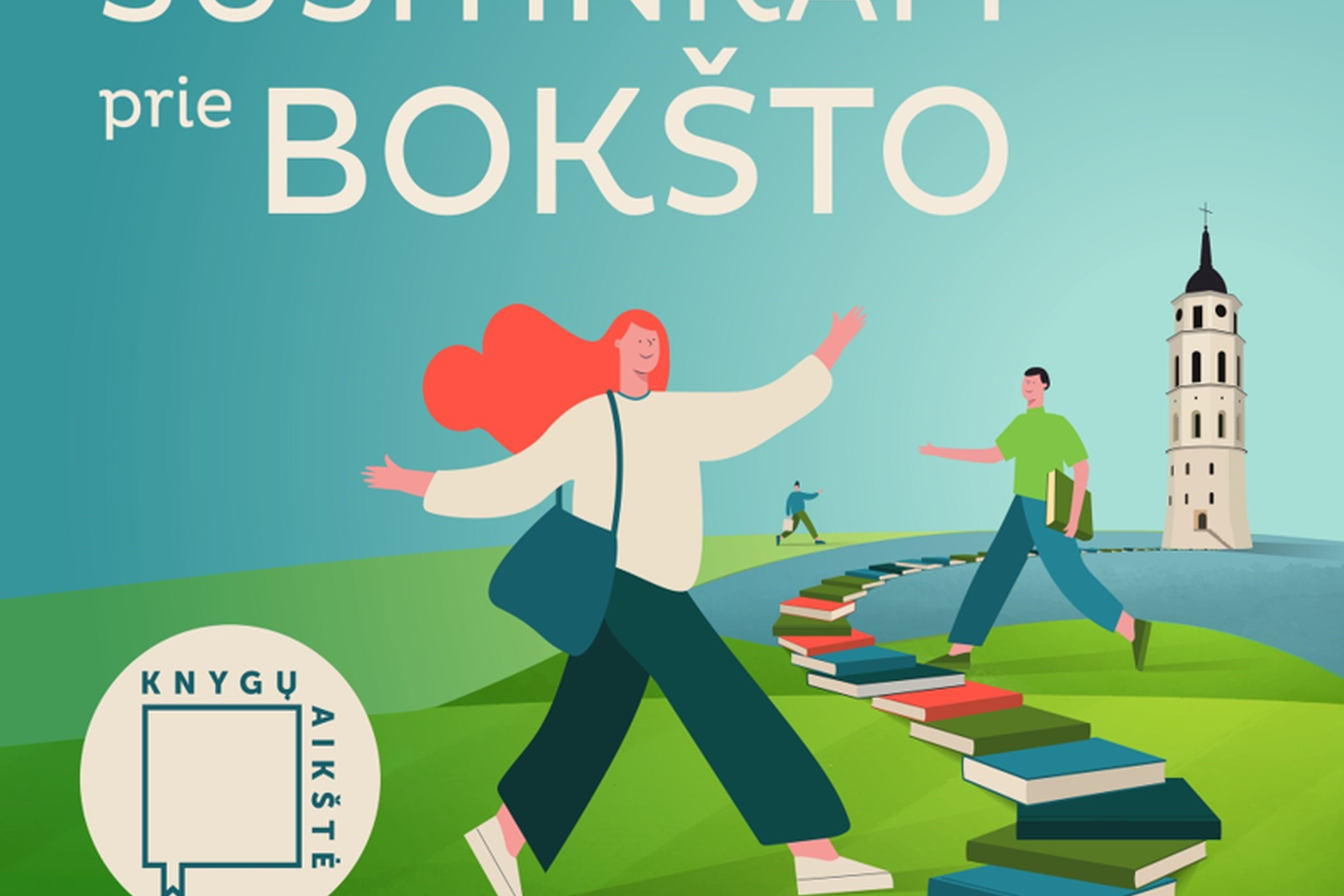 Kvietimo į ekskursijas plakatas, kuriame žmonės bėga knygų keliu Arkikatedros varpinės link.