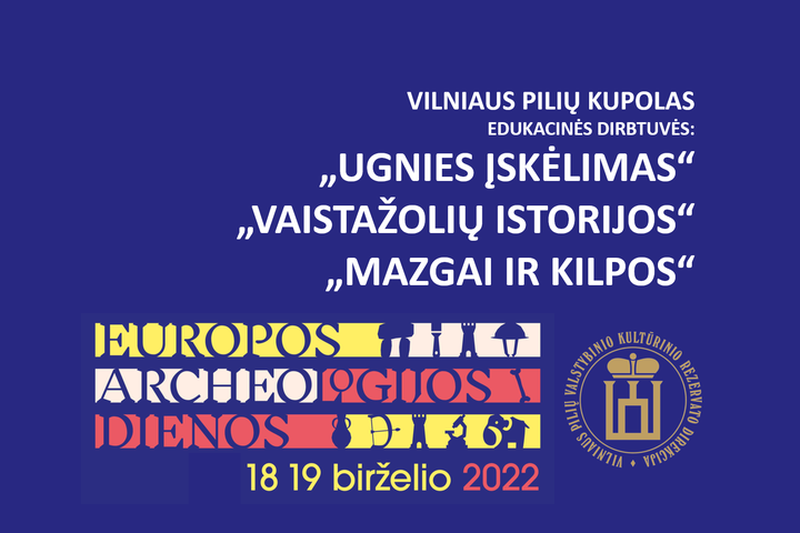Europos archeologijos dienoms skirtų reginių afiša su edukacinių dirbtuvių temomis.