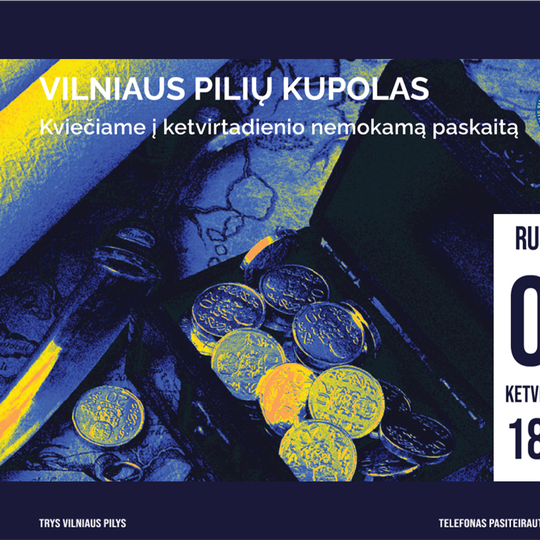 Atvira auksinių monetų skrynia, šalia senoviškas kompasas ir durklas bei senoviškas žemėlapis.