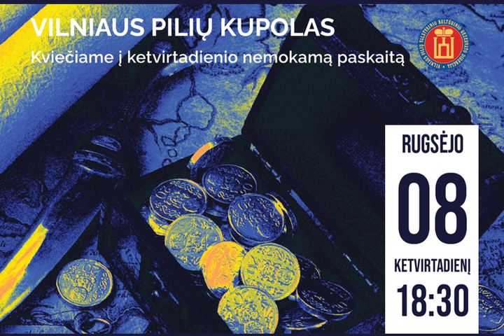 Atvira auksinių monetų skrynia, šalia senoviškas kompasas ir durklas bei senoviškas žemėlapis.