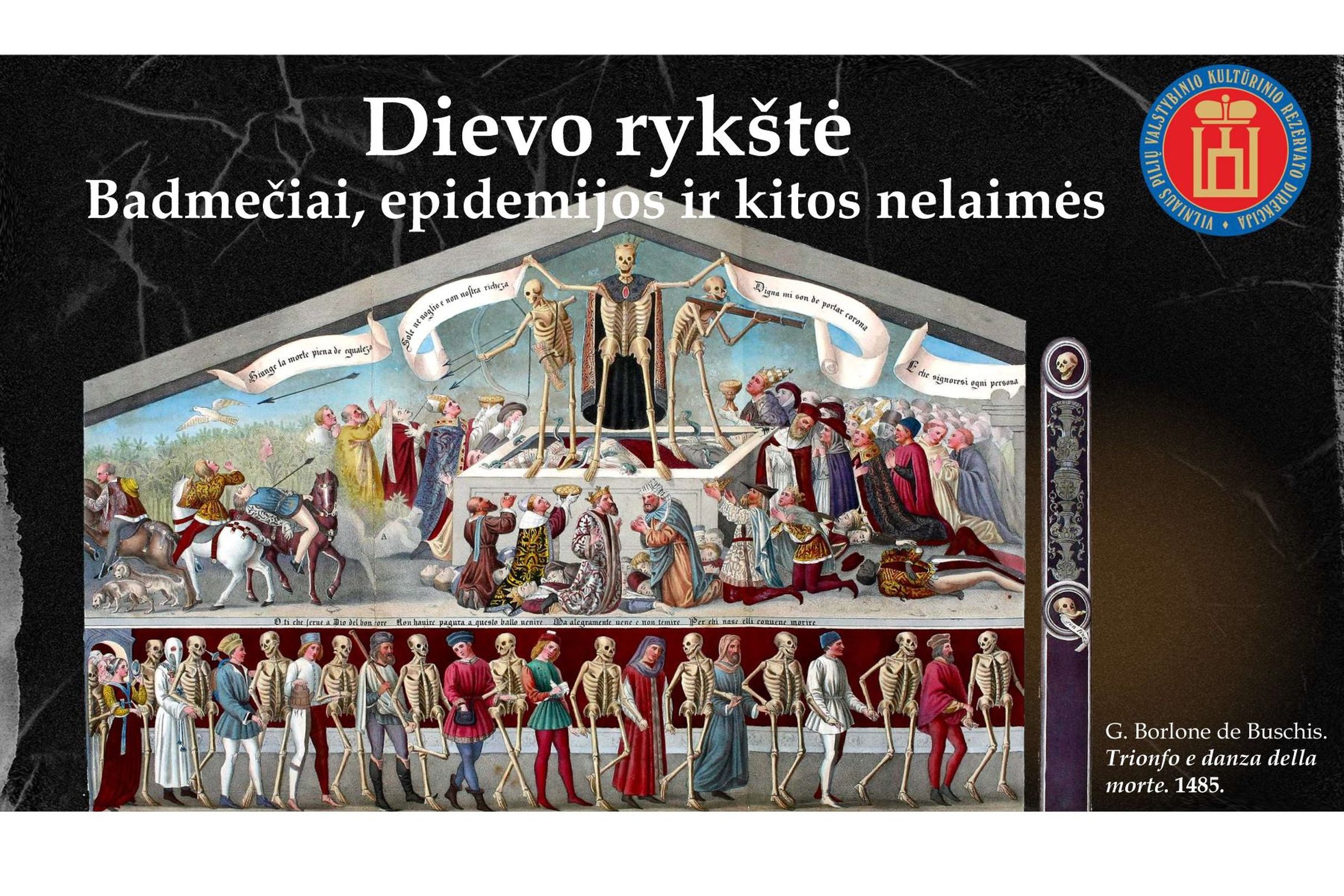 Skaidrė, kurioje vaizduojamas viduramžiais pieštas maras.