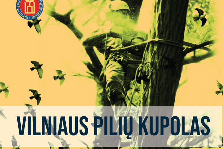 Renginio afiša. Žalio fono nuotrauka, kuriame užfiksuotas arboristas bei praskriejantis paukščiai. 