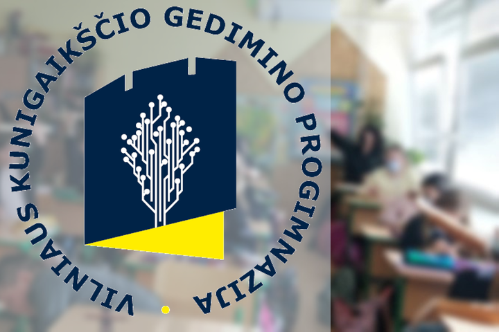 Vilniaus kunigaikščio Gedimino progimnazijos logotipas. fone matosi vaikai klasėje.
