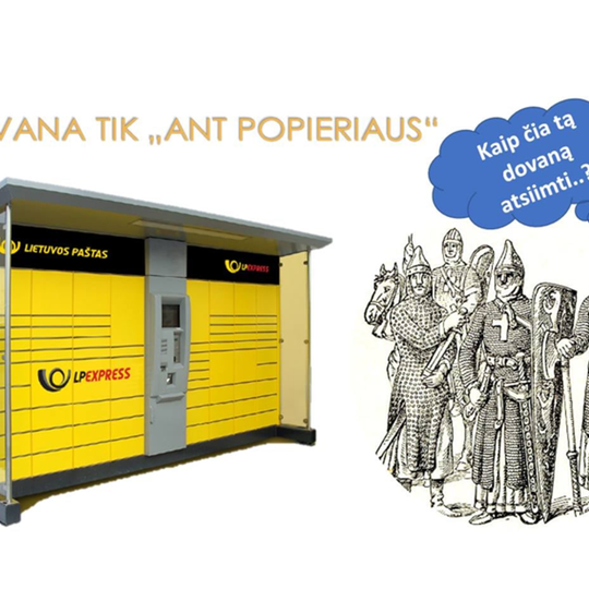 Lietuvos pašto paštomatas ir kryžiuočių piešinukas, sakantis kaip tą dovaną atsiimti.