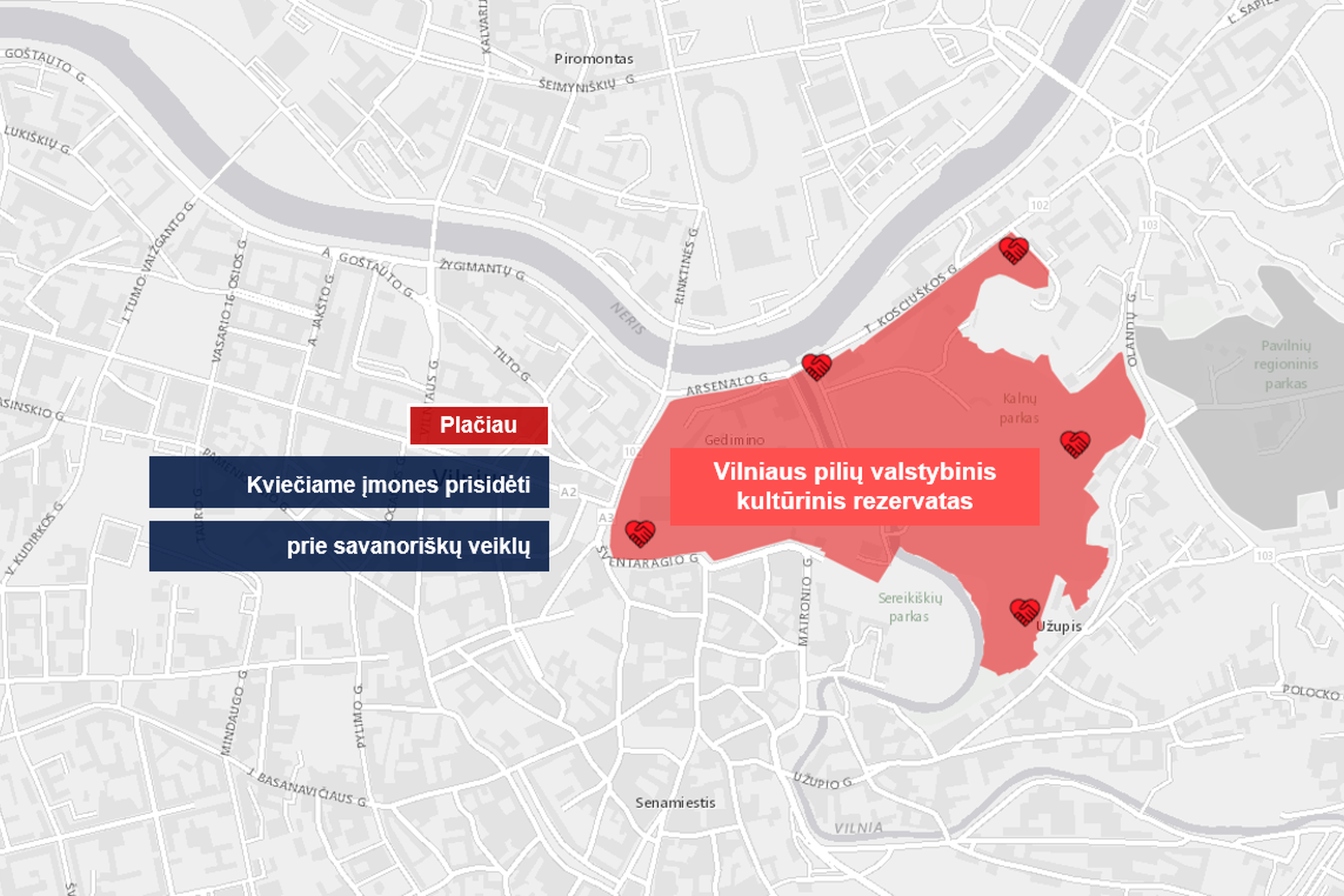 Vilniaus pilių rezervato teritorijos vietos, kuriuose galima atlikti savanorystę.