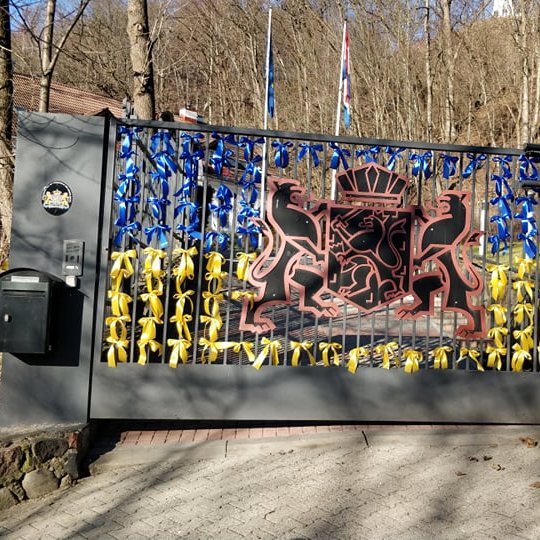 Visą nuotrauka vien tik Nyderlandų Karalystės ambasadoriaus rezidencijos metaliniai vartai. Vartai metaliniai, šalia jų, kairėje – dėžė korespondencijai, dešiniau matyti šiek tiek metalinės tvoros, ant kurios lentelė su užrašu B.RADVILAITĖS G. 12. Vartai