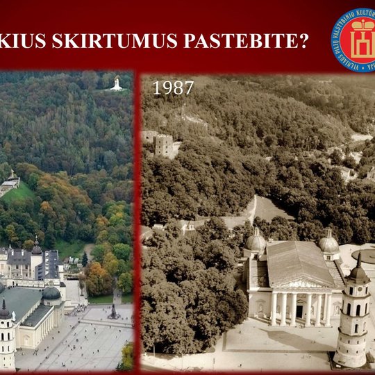 Skaidrė, kurioje vaizduojamos dvi skirtingų laikų Vilniaus pilių fotografijos. Užduotas klausimas, kokius skirtumus pastebite?