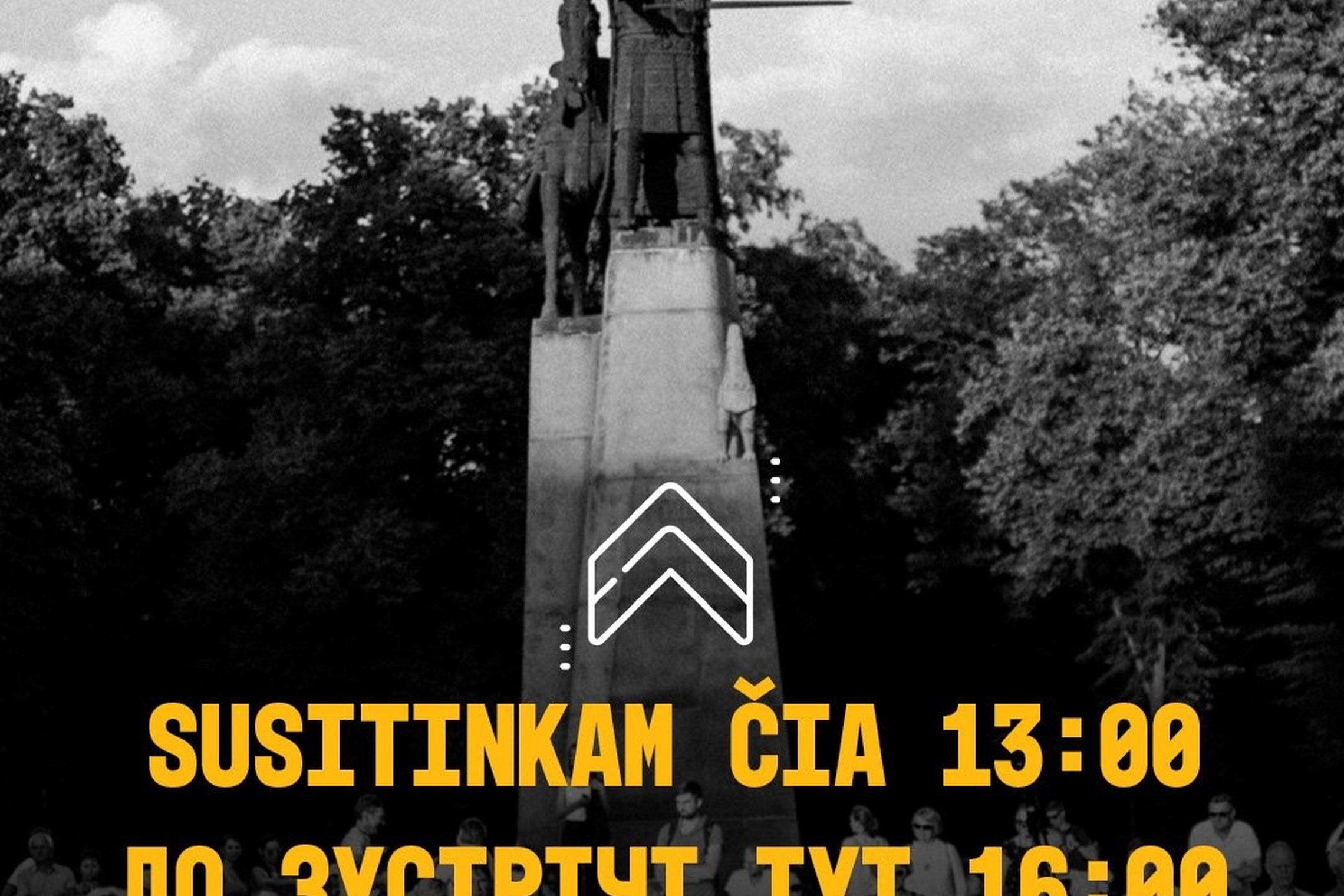 Kvietimas į ekskursiją. Nespalvota Gedimino paminklo statula.