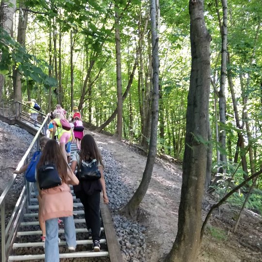 Vaikai laiptais lipa į auštą Altanos kalną.