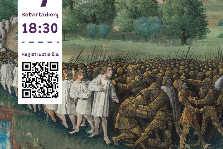 Paskaitos afiša, kurio fonas paveikslas "Vargšų kryžiaus žygis". Kairėje data, laikas ir QR kodas.