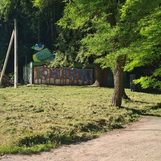 „Vilniaus šilumos tinklų“ siurblinė, su ant sienos išpaišytu grafyčiu. Nuotrauka daryta saulėtos dienos metu.