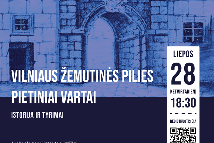 Renginio afiša. Mėlyname fone pietinių vartų piešinys. Dešinėje data, laikas ir QR kodas.  