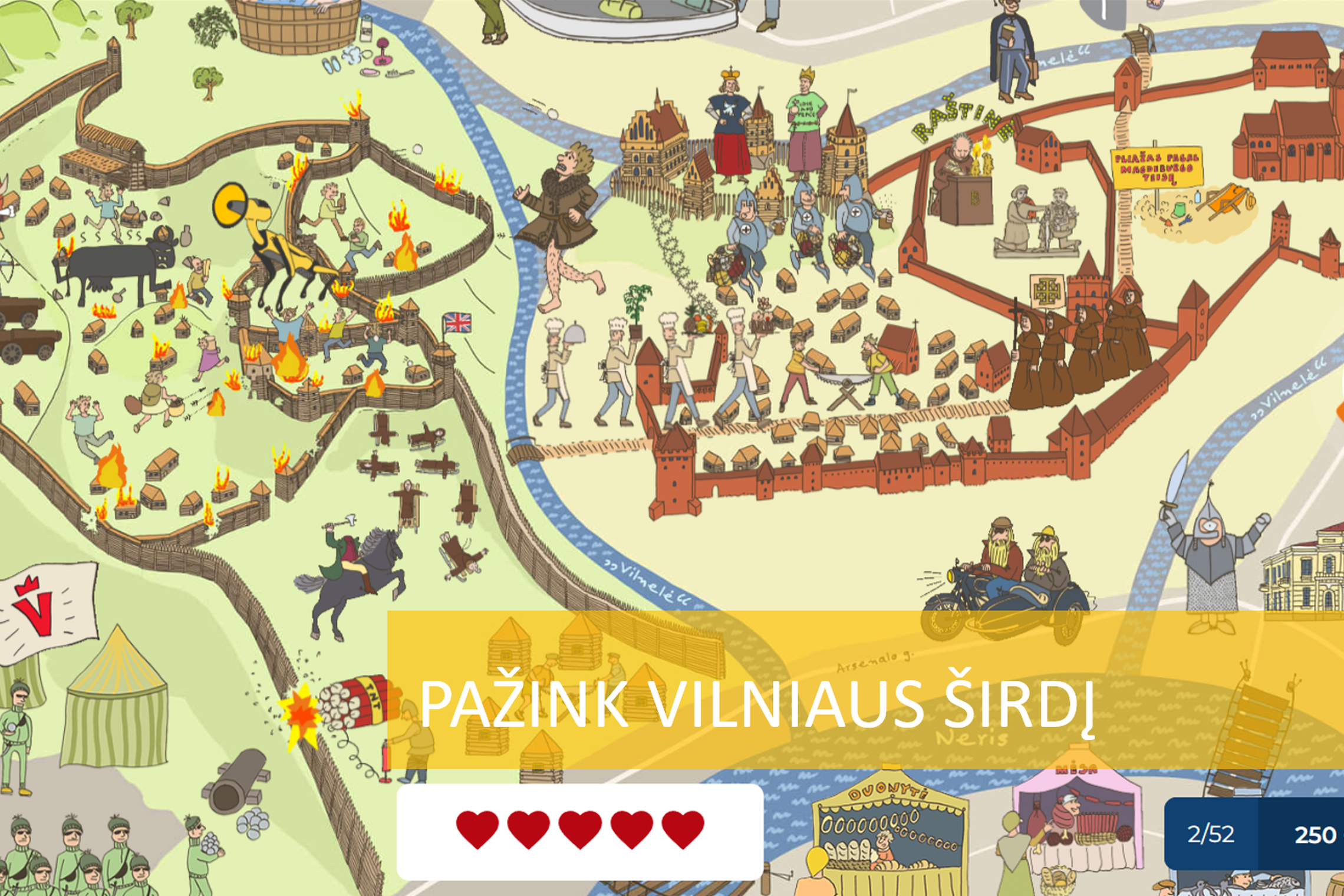 Stilizuotas Vilniaus pilių žemėlapis iš "PAŽINK VILNIAUS ŠIRDĮ" žaidimo. Apačioje žaidimo pavadinimas ir penkios gyvybės.