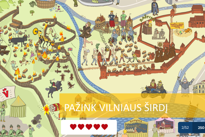 Stilizuotas Vilniaus pilių žemėlapis iš "PAŽINK VILNIAUS ŠIRDĮ" žaidimo. Apačioje žaidimo pavadinimas ir penkios gyvybės.